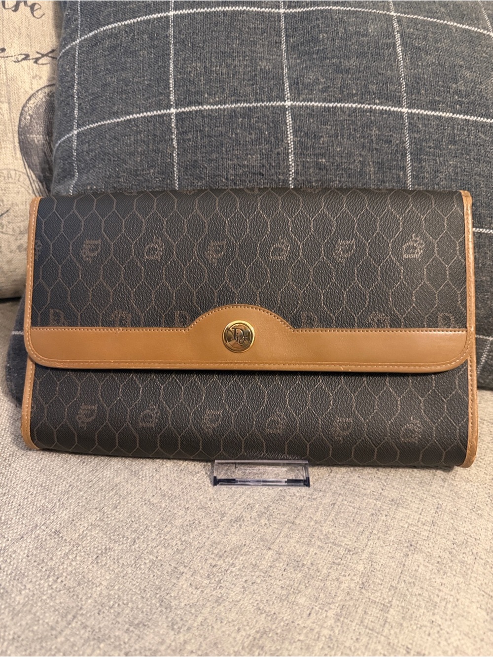 Dior Honeycomb Monogram Clutch with Tan Trim